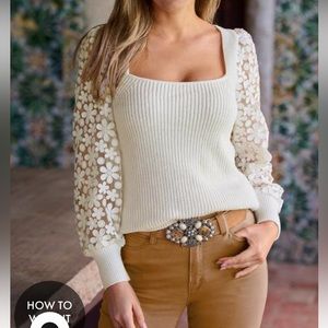 Boston Proper White Sweater with Floral Sleeves